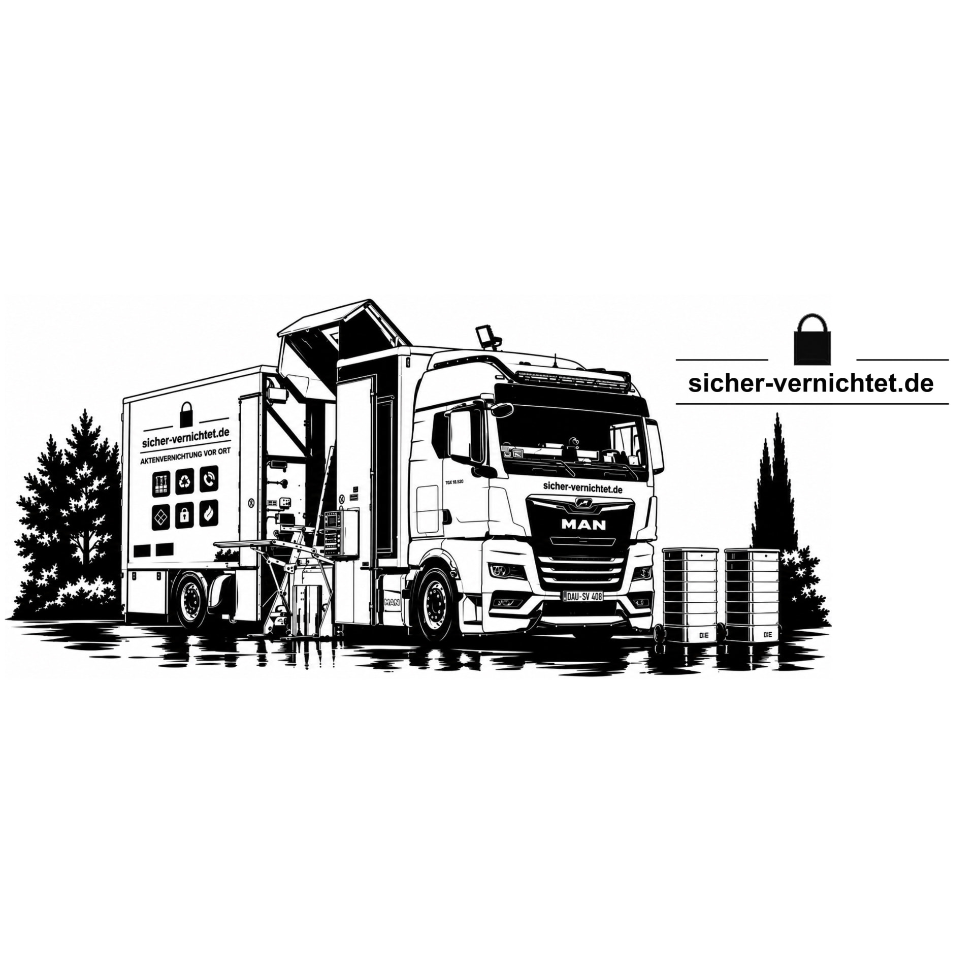 Detailreich aufbereitetes Schwarz-Weiß-Firmenmotiv mit MAN Spezial-LKW und Logo von sicher-vernichtet.de als Vorlage für eine individuelle CNC-Gravur auf einer handgefertigten Holzbank