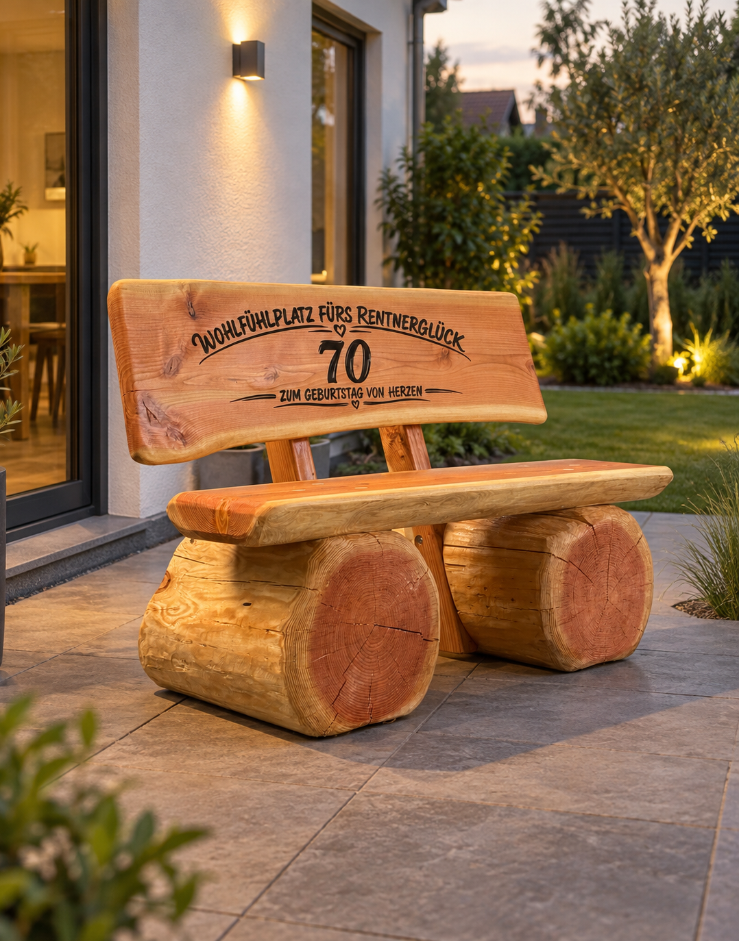 Baumstammbank zum 70. Geburtstag mit CNC-Gravur 'Wohlfühlplatz fürs Rentnerglück' Personalisierte Baumstammbank zum 70. Geburtstag mit schwarz ausgearbeiteter CNC-Gravur 'Wohlfühlplatz fürs Rentnerglück'.