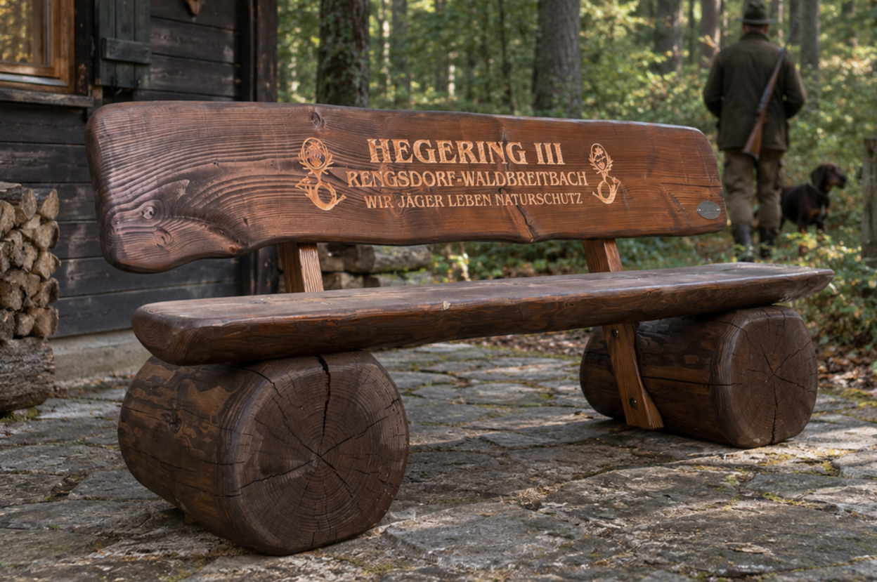 Baumstammbank mit CNC-Gravur 'Hegering III Rengsdorf-Waldbreitbach' vor einer Jagdhütte Baumstammbank im Nussbaum Farbton mit CNC-Gravur 'Hegering III Rengsdorf-Waldbreitbach' vor einer Jagdhütte im Wald.