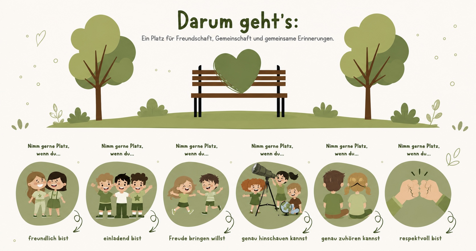 Infografik zur Freundschaftsbank mit den Werten Freundschaft, Gemeinschaft, Respekt und Zusammenhalt für Schulen und Kindergärten.