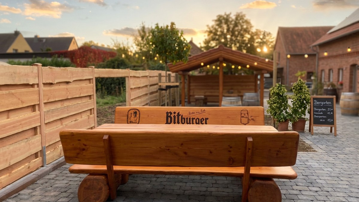 Biergarten mit rustikalen Sitzgruppen