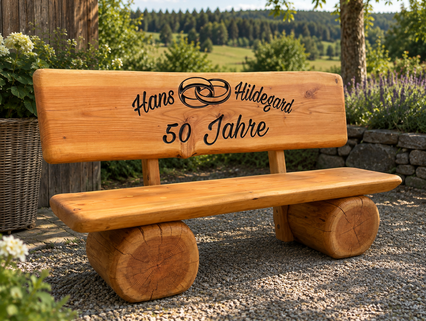 Personalisierte massive Holzbank mit Gravur von Hans und Hildegard sowie 50 Jahre und Eheringen in natürlicher Gartenkulisse