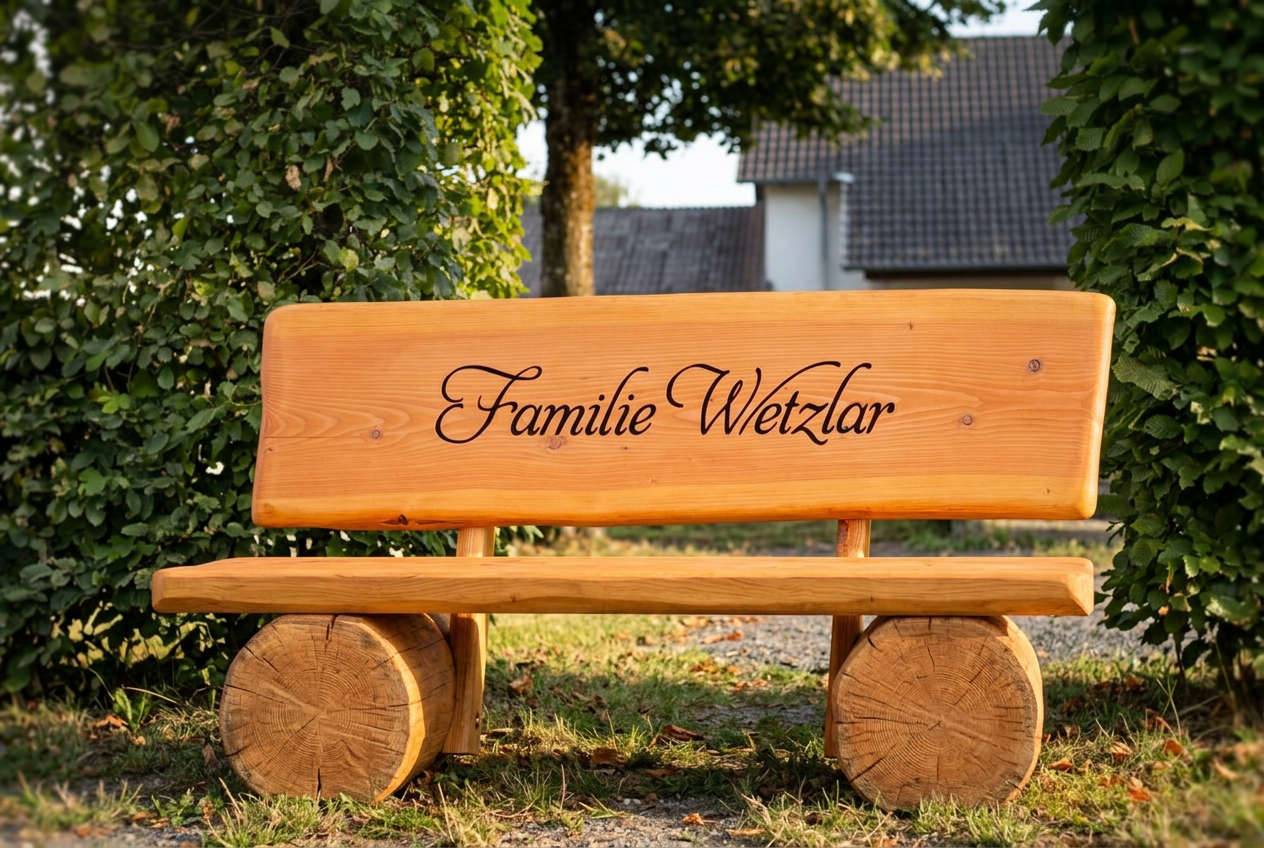 Personalisierte Gartenbank aus Douglasie mit Gravur 'Familie Wetzlar' als Geschenk