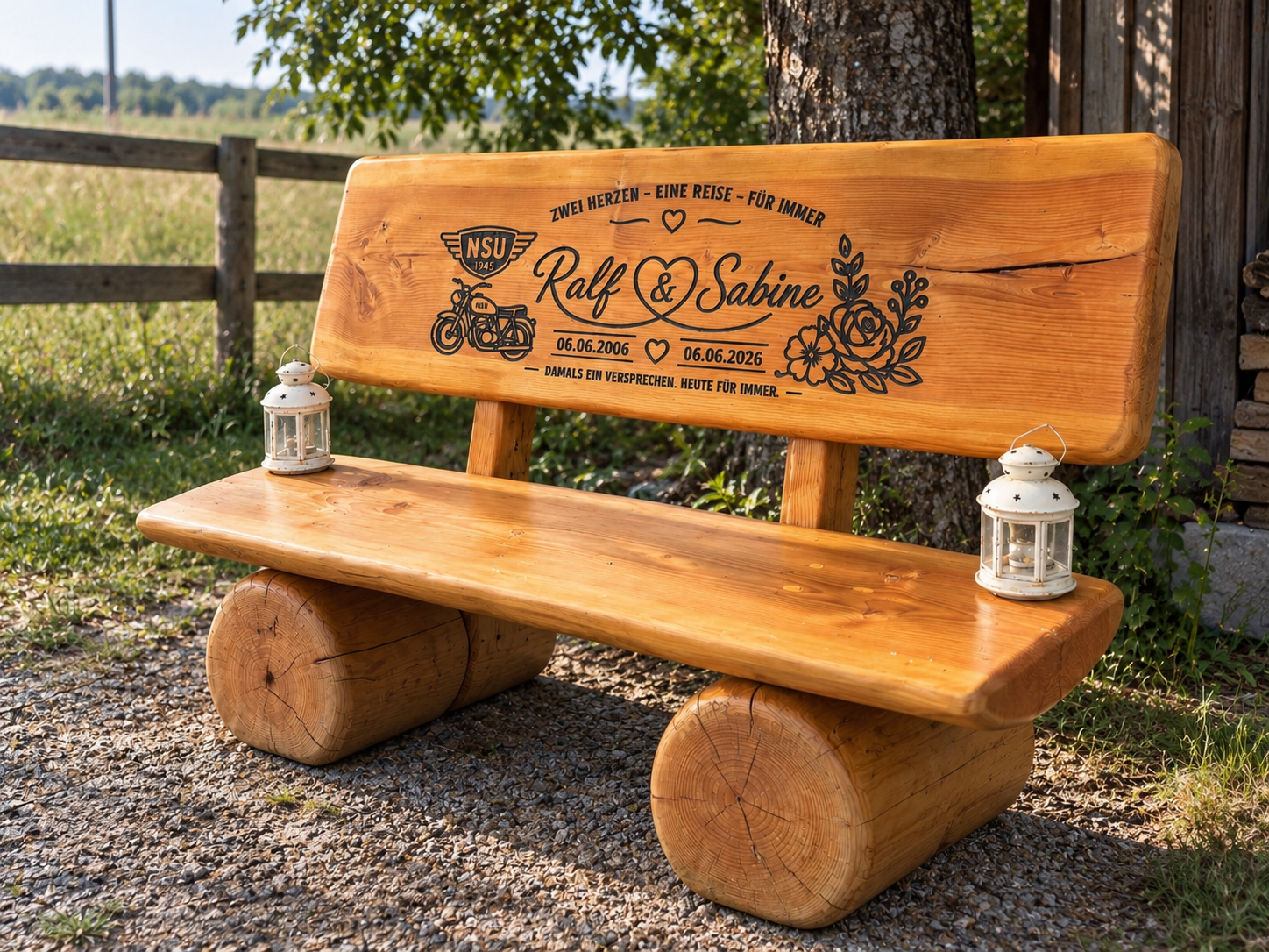 Personalisierte Baumstammbank für Ralf und Sabine mit CNC-Gravur, Hochzeitsdaten, NSU Motorrad- und Blumenmotiv.