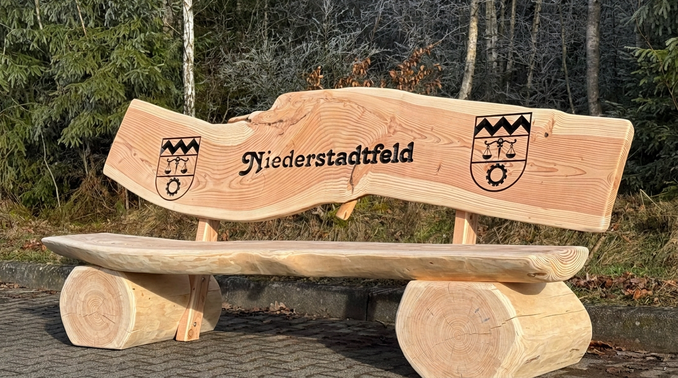 Baumstammbank mit CNC-Gravur Ortswappen Niederstadtfeld